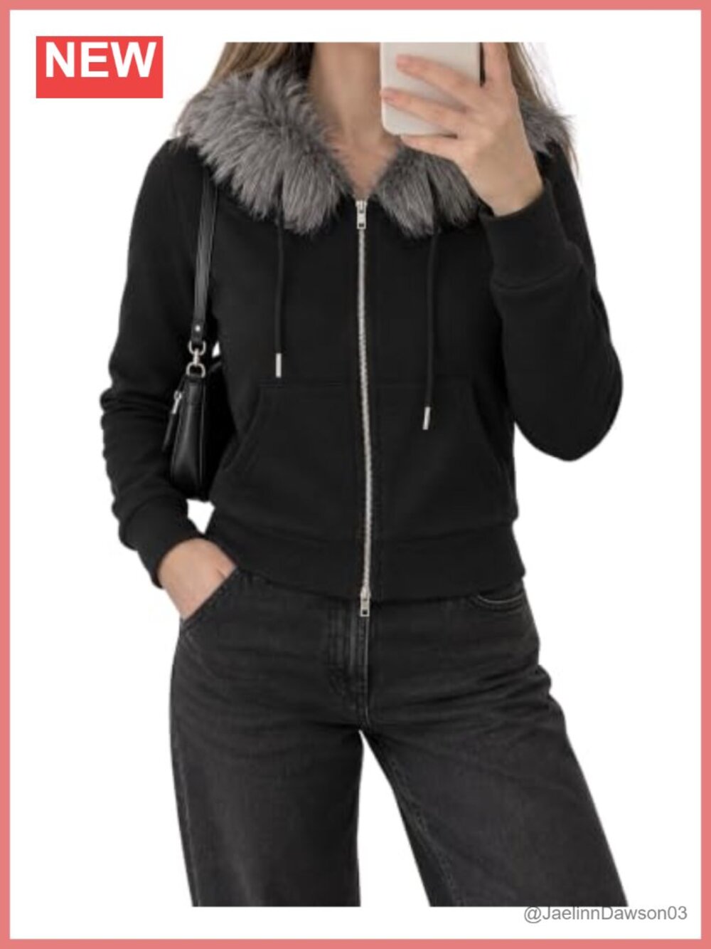 Faux Fur Trim Hoodie Cropped Zip Up Jacket Y2K Long Sleeve
